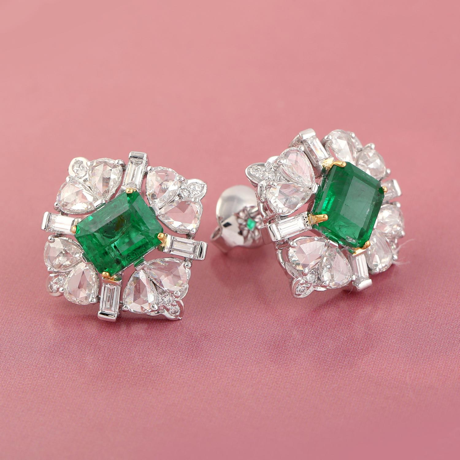 Modern Designer Rosecut Diamond and Emerald Stud Made in 18K White Gold For Sale