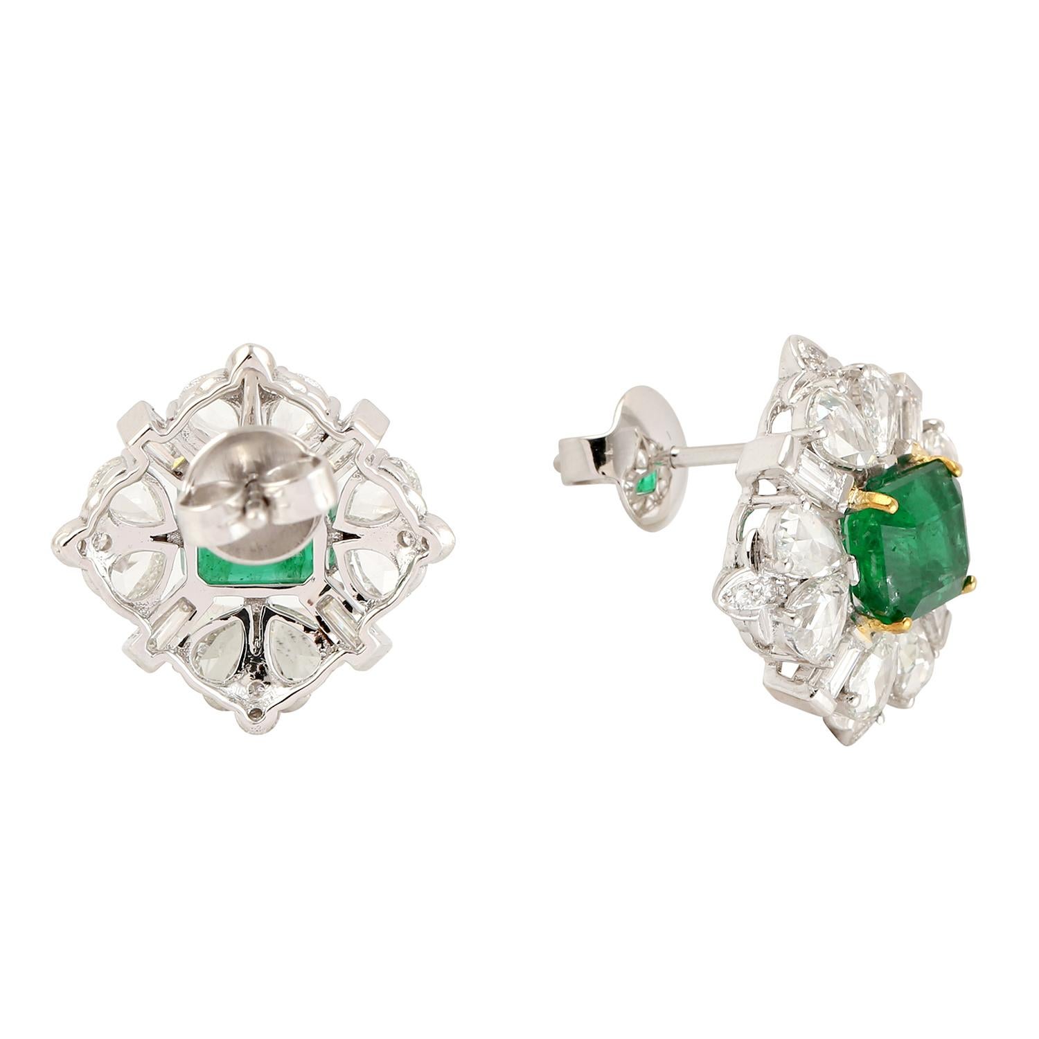 Emerald Cut Designer Rosecut Diamond and Emerald Stud Made in 18K White Gold For Sale