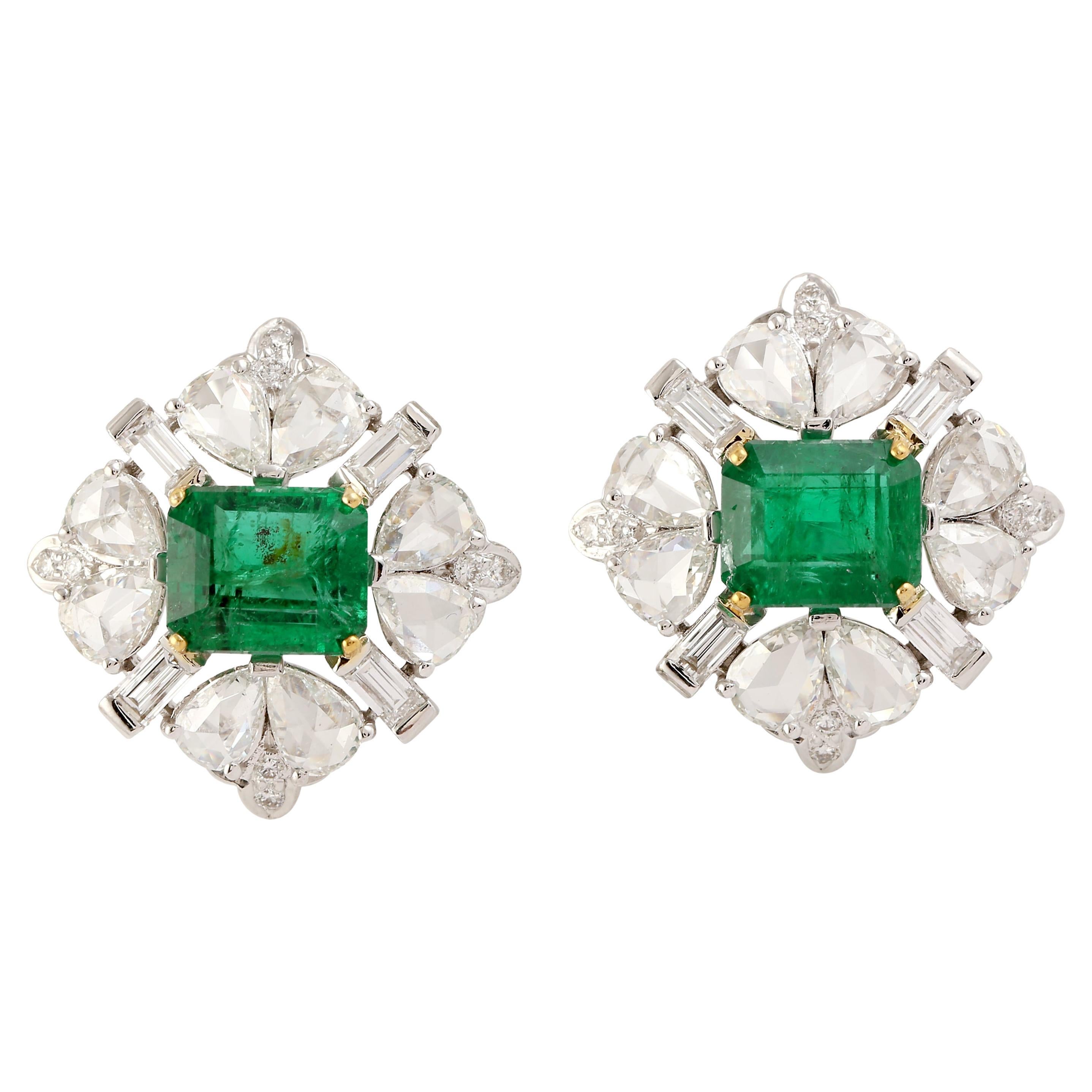 Designer Rosecut Diamond and Emerald Stud Made in 18K White Gold For Sale