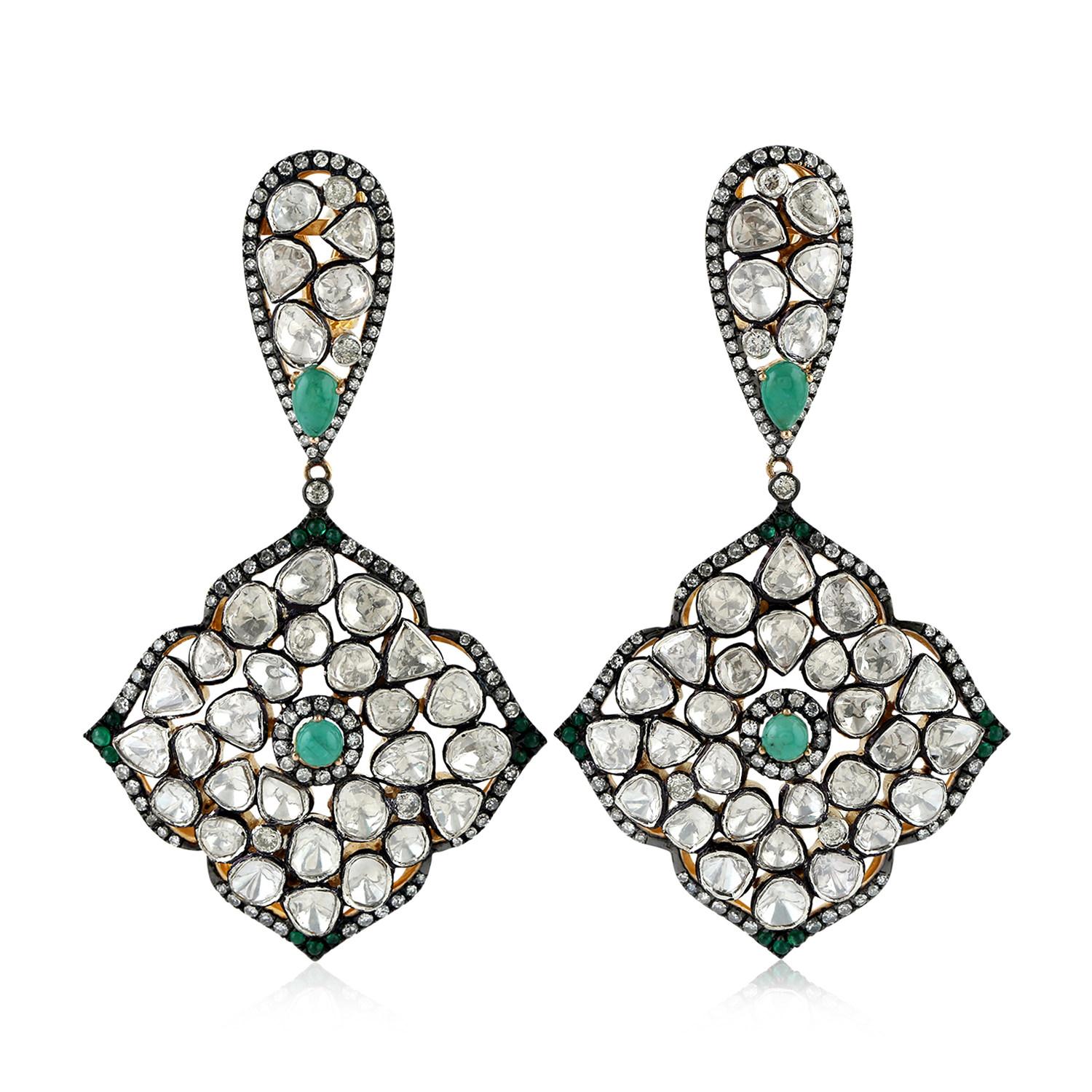 Artisan Designer Rose Cut Diamond Earring with Emeralds For Sale