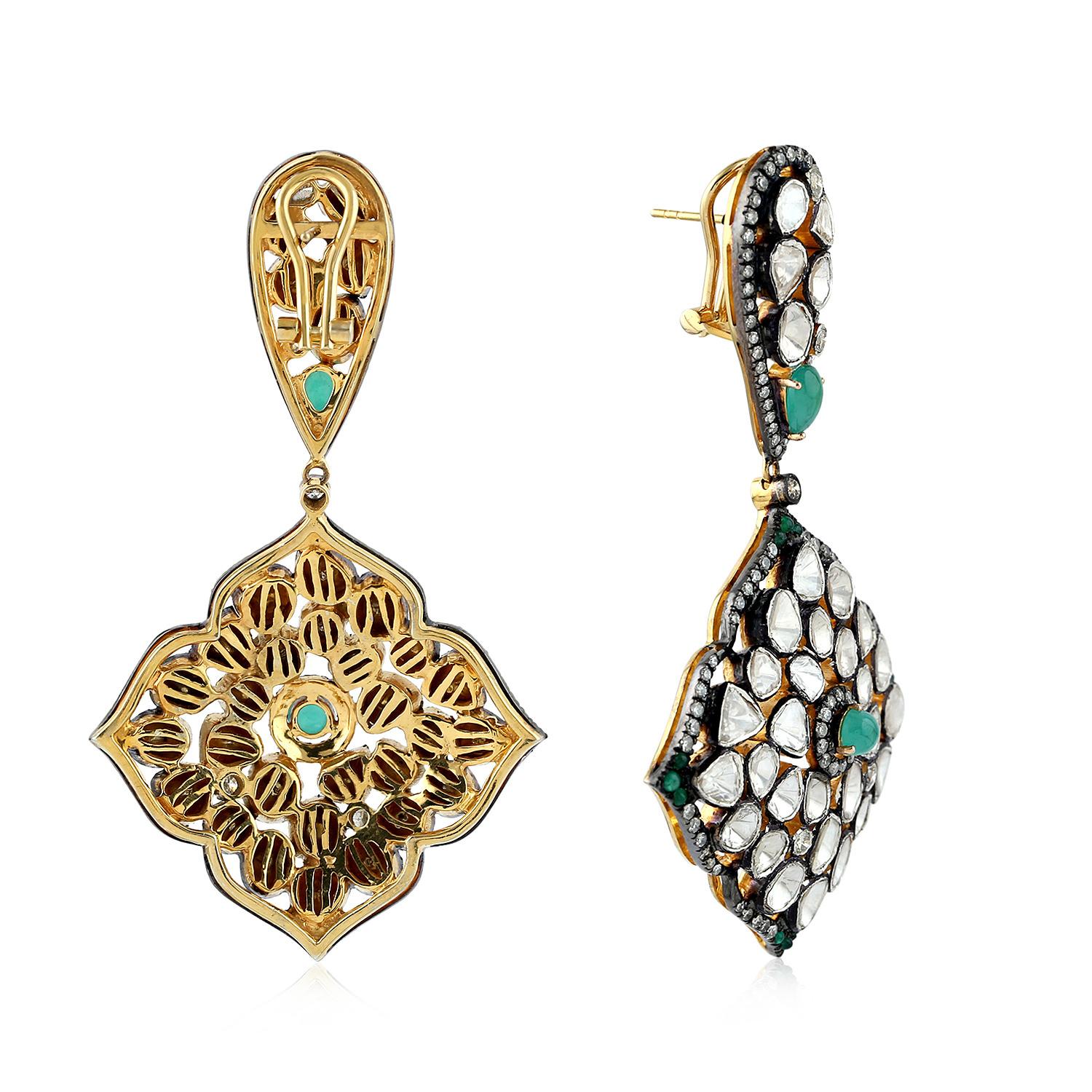 Designer Rose Cut Diamond Earring with Emeralds In New Condition For Sale In New York, NY