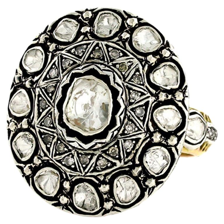 Designer Rosecut Diamond Oval Shape Cocktail Ring in Gold and Silver