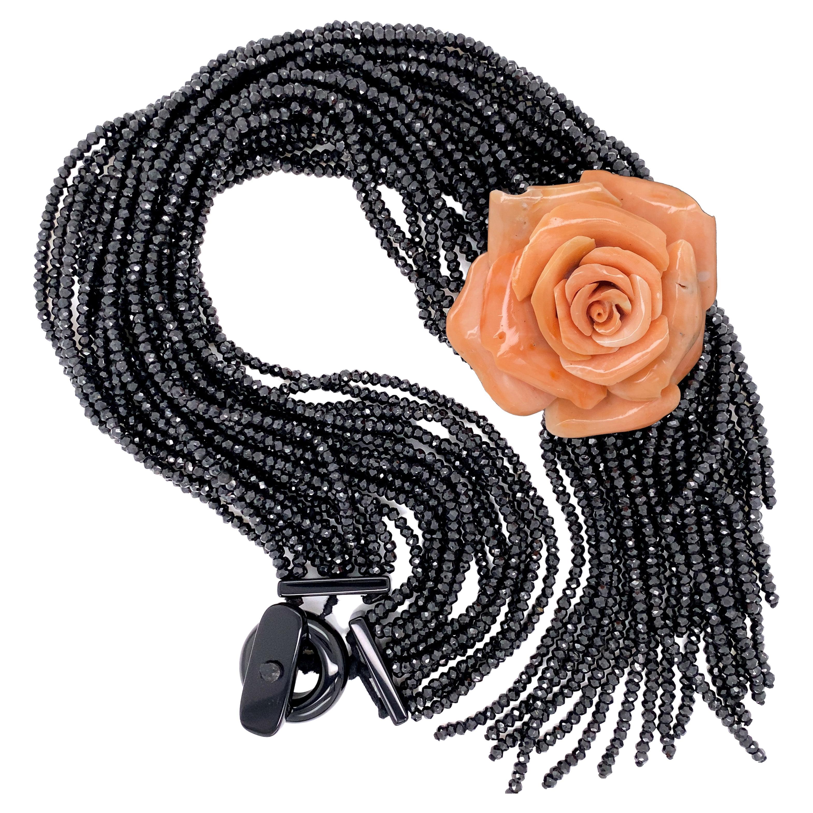 Designer Rosita Petrosino Carved Coral Rose Multi Strand Spinel Bead Necklace For Sale
