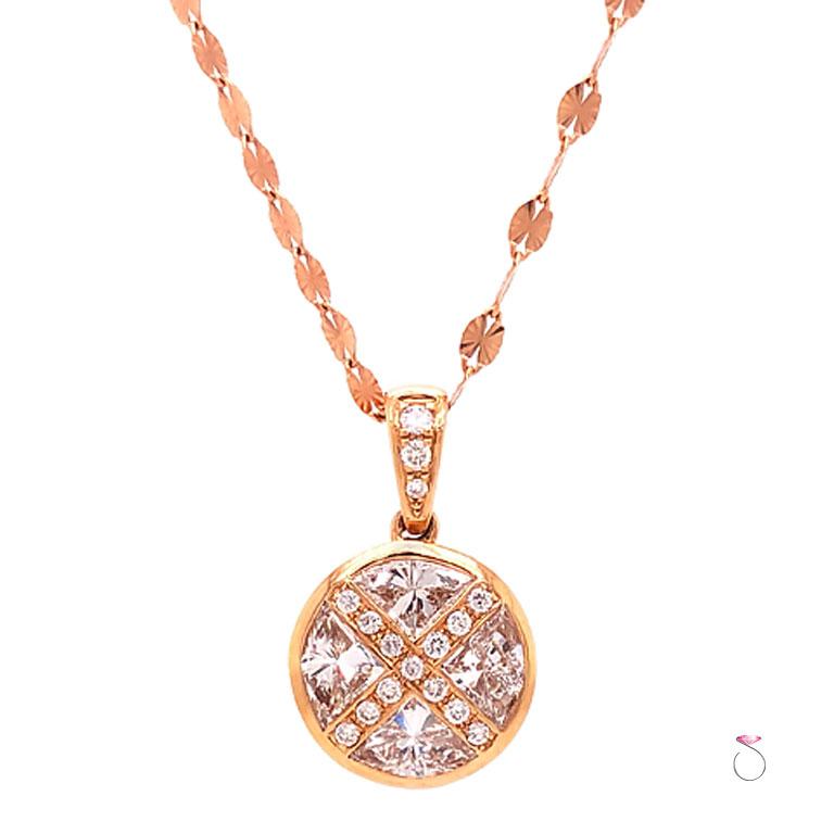 Designer pizza cut diamond pendant with chain in 18k rose gold. This gorgeous diamond pendant features a round pizza cut (pie cut) center diamond that is created in four wedges giving a much larger look than the actual diamond weight. The pie cut
