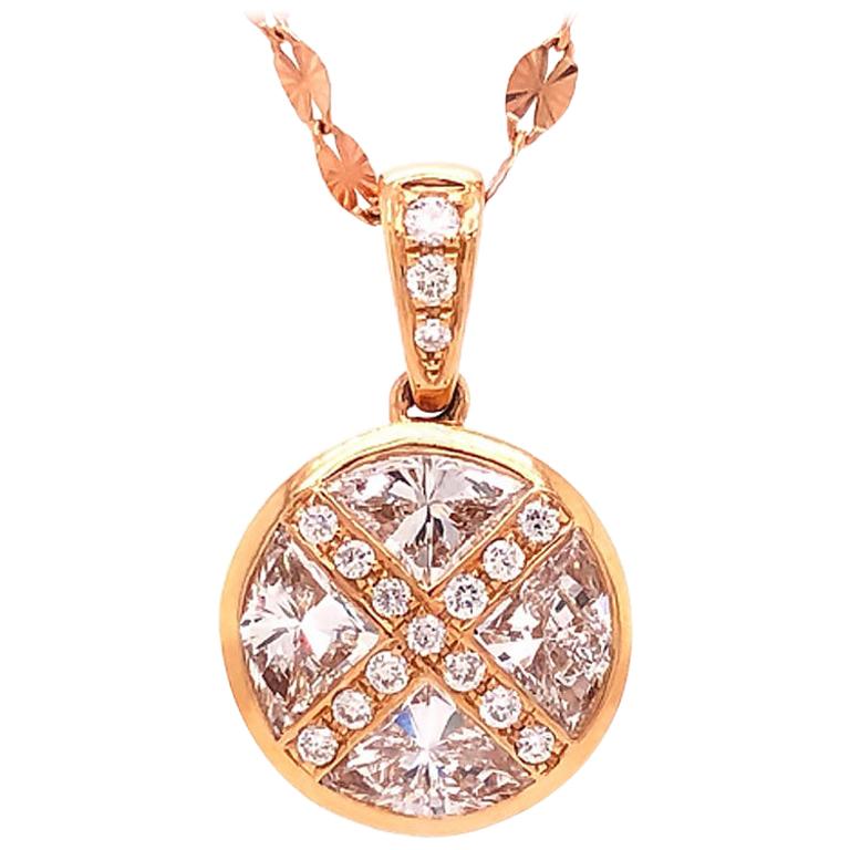 Designer Round Pizza Cut Diamond Pendant in 18k Rose Gold with Chain, 1.45 Carat