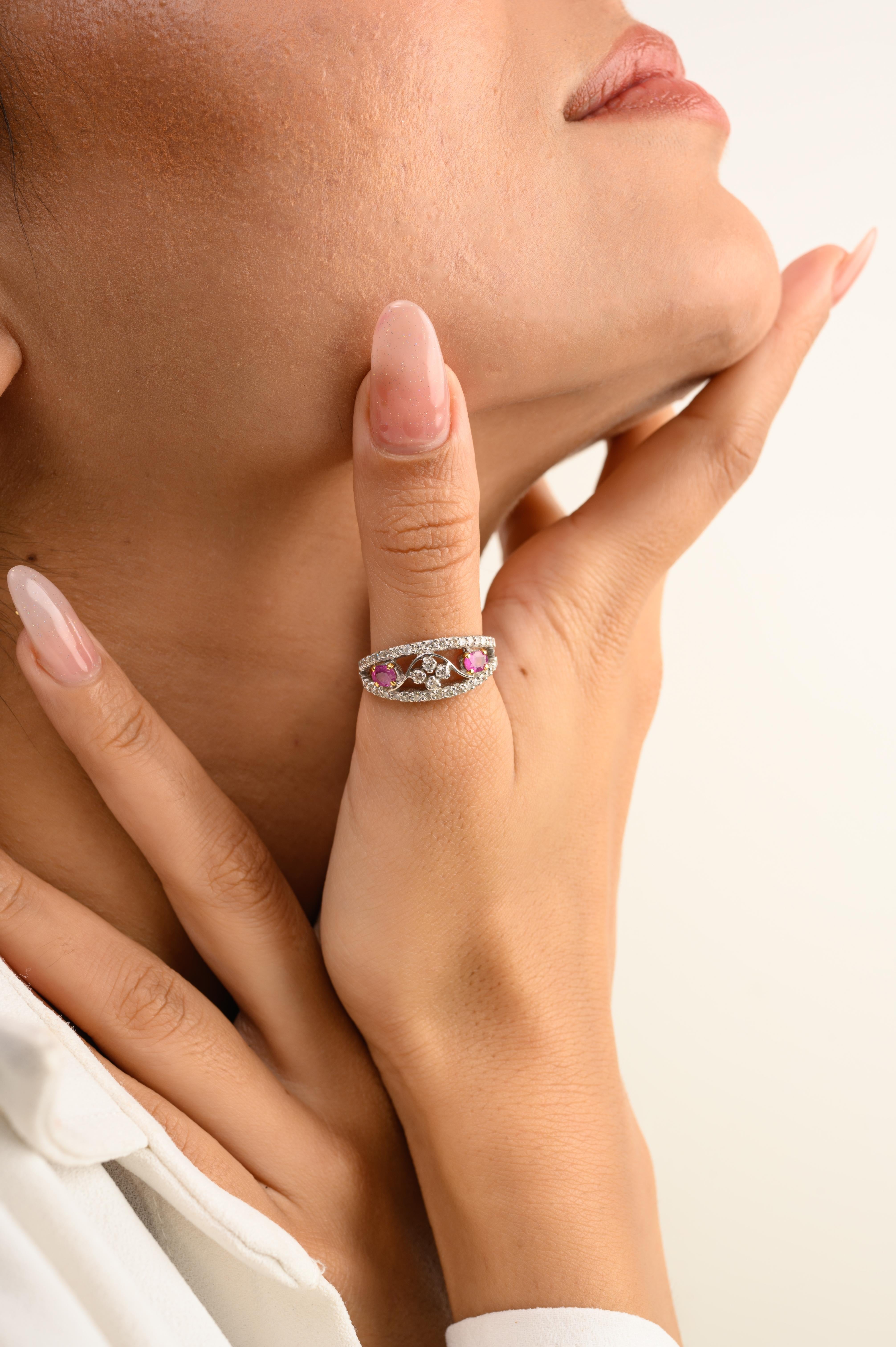 Im Angebot: Designer Pink Sapphire Diamond Flower Wedding Ring für Frauen in 14k Weißgold () 4