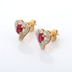 Designer Ruby Diamond Heart Stud Earrings in 14K Solid Yellow Gold