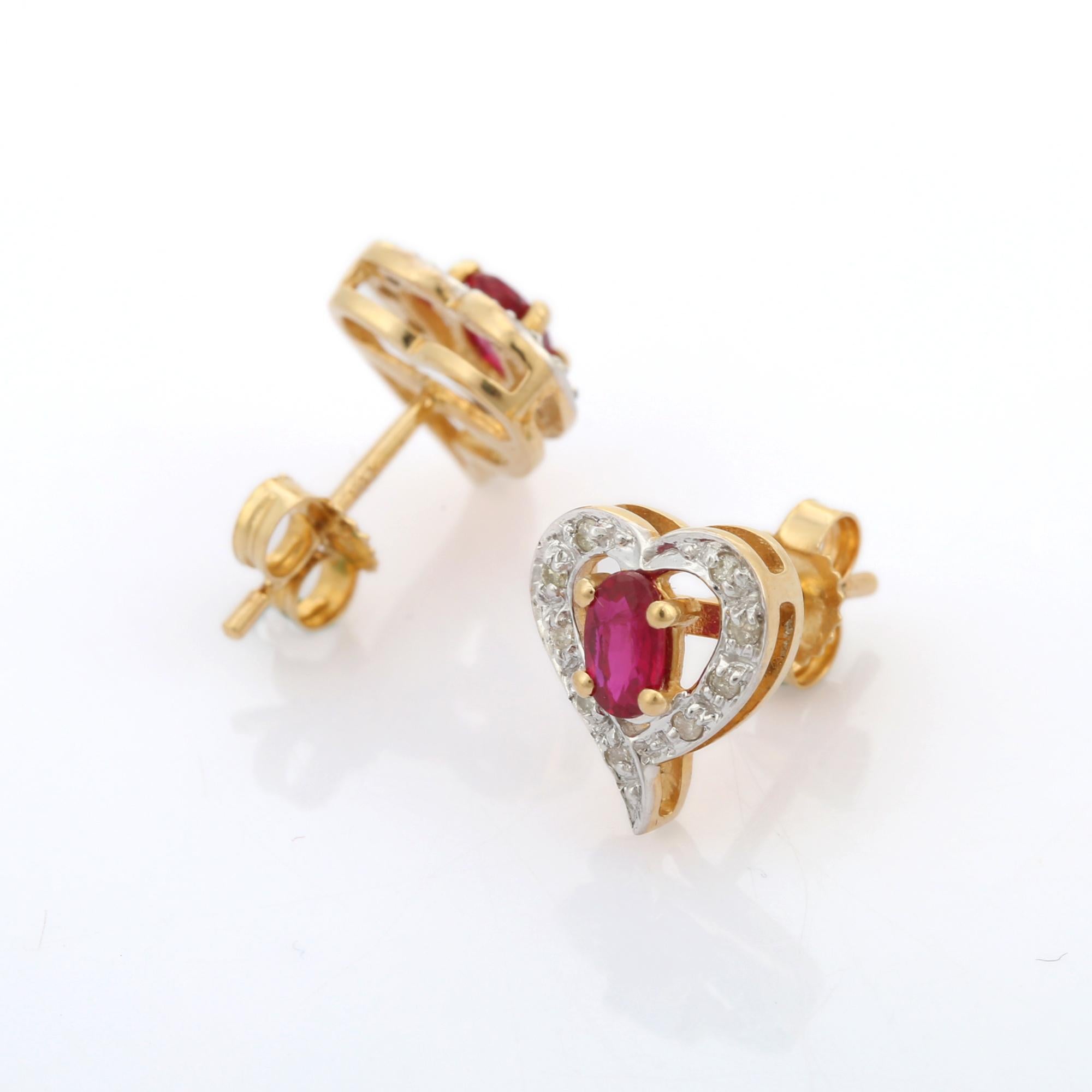 Designer Rubin Diamant Herz Ohrstecker in 14K massivem Gelbgold (Ovalschliff) im Angebot