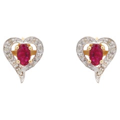 Designer Ruby Diamond Heart Stud Earrings in 14K Solid Yellow Gold