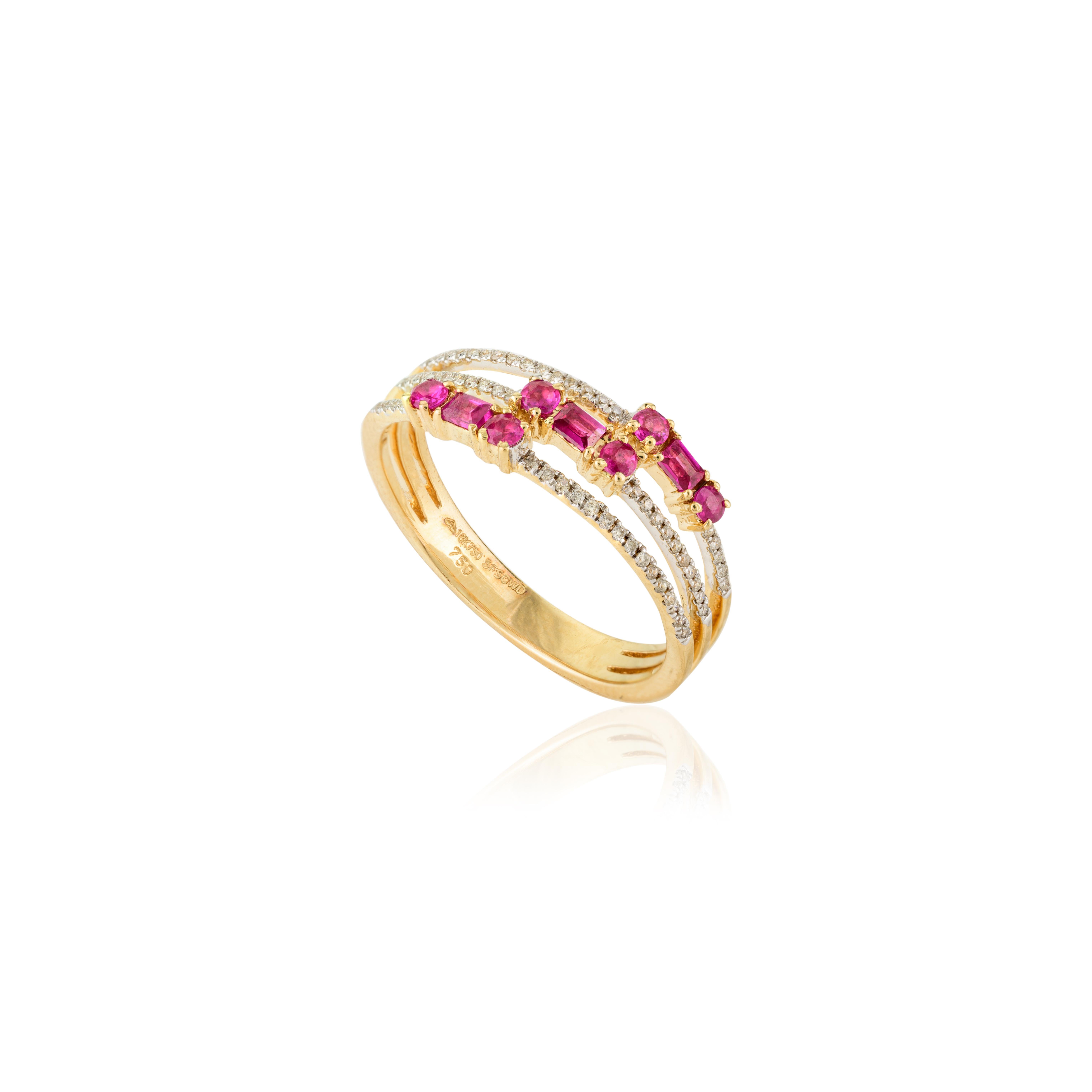 For Sale:  Designer Ruby Diamond Wedding Band Ring Gift for Mom in 18k Yellow Gold 8