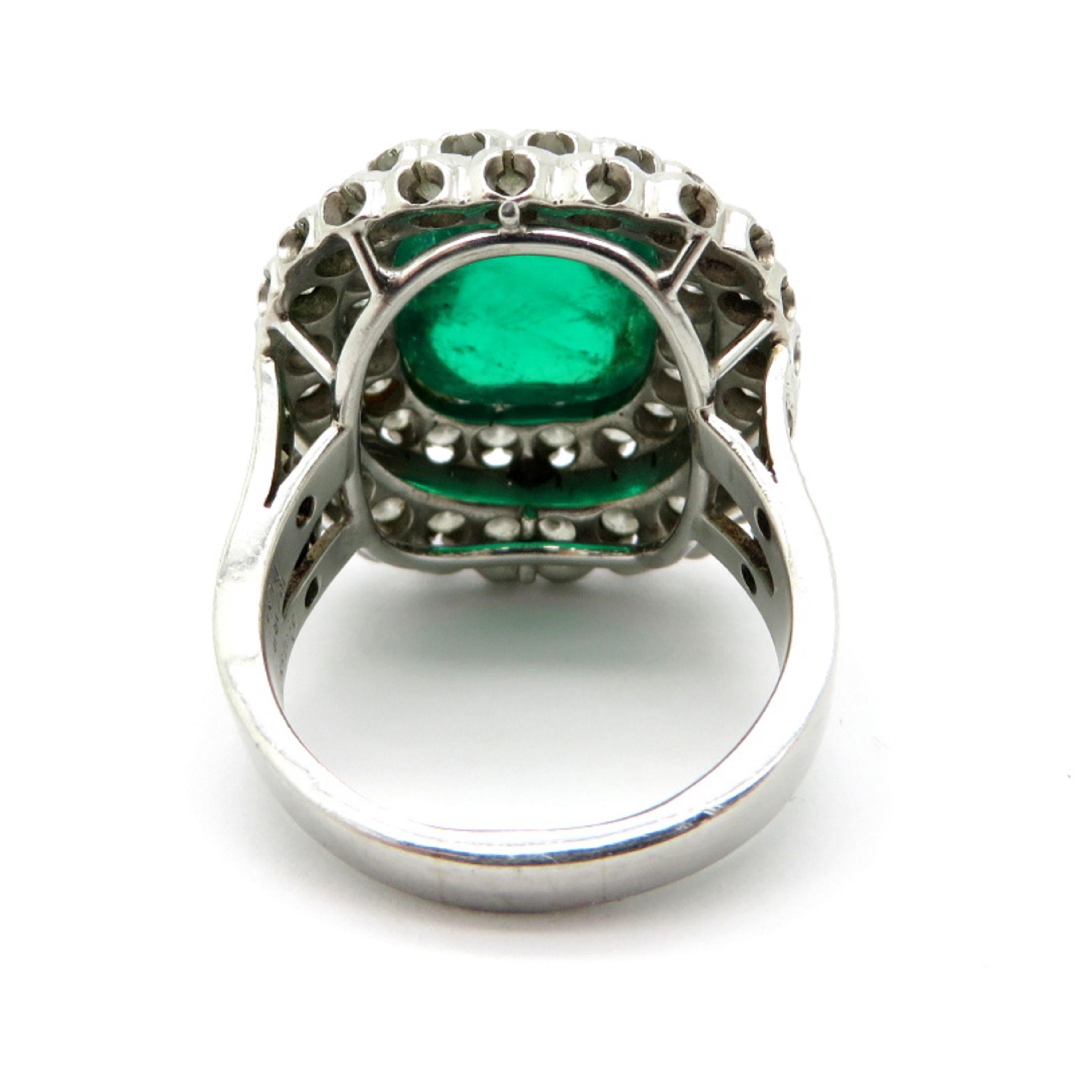 Women's Designer Ruser AGL Certified Platinum Large Emerald and Double Halo Diamond Ring