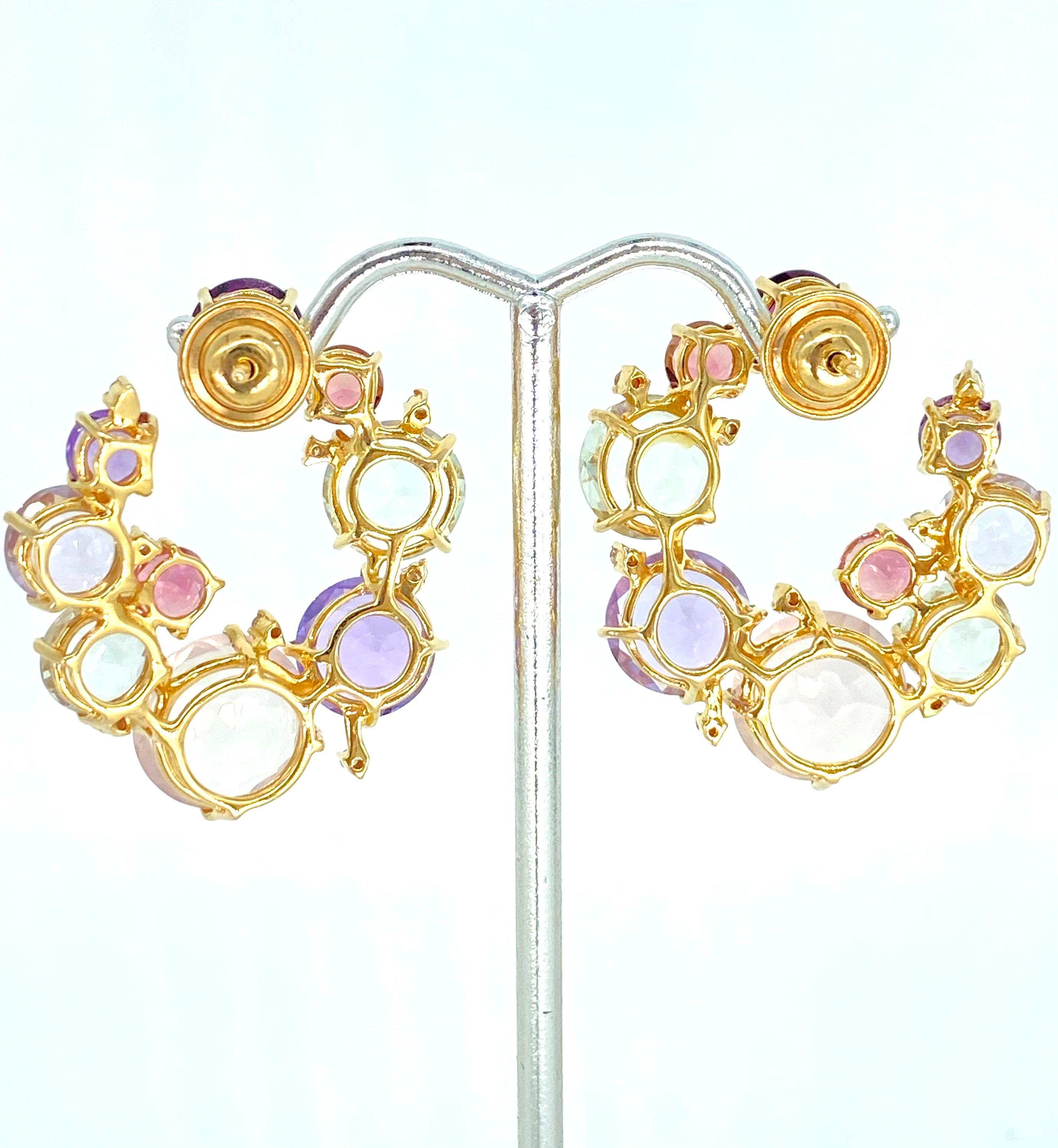 Designer RV 55 Carat Multi Gemstone & Diamonds Hoop Stud Earrings 18k Rose Gold For Sale 6