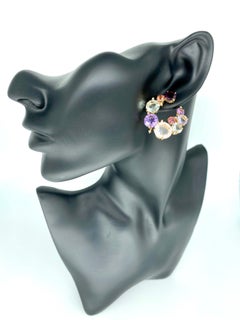 Designer RV 55 Carat Multi Gemstone & Diamonds Hoop Stud Earrings 18k Rose Gold