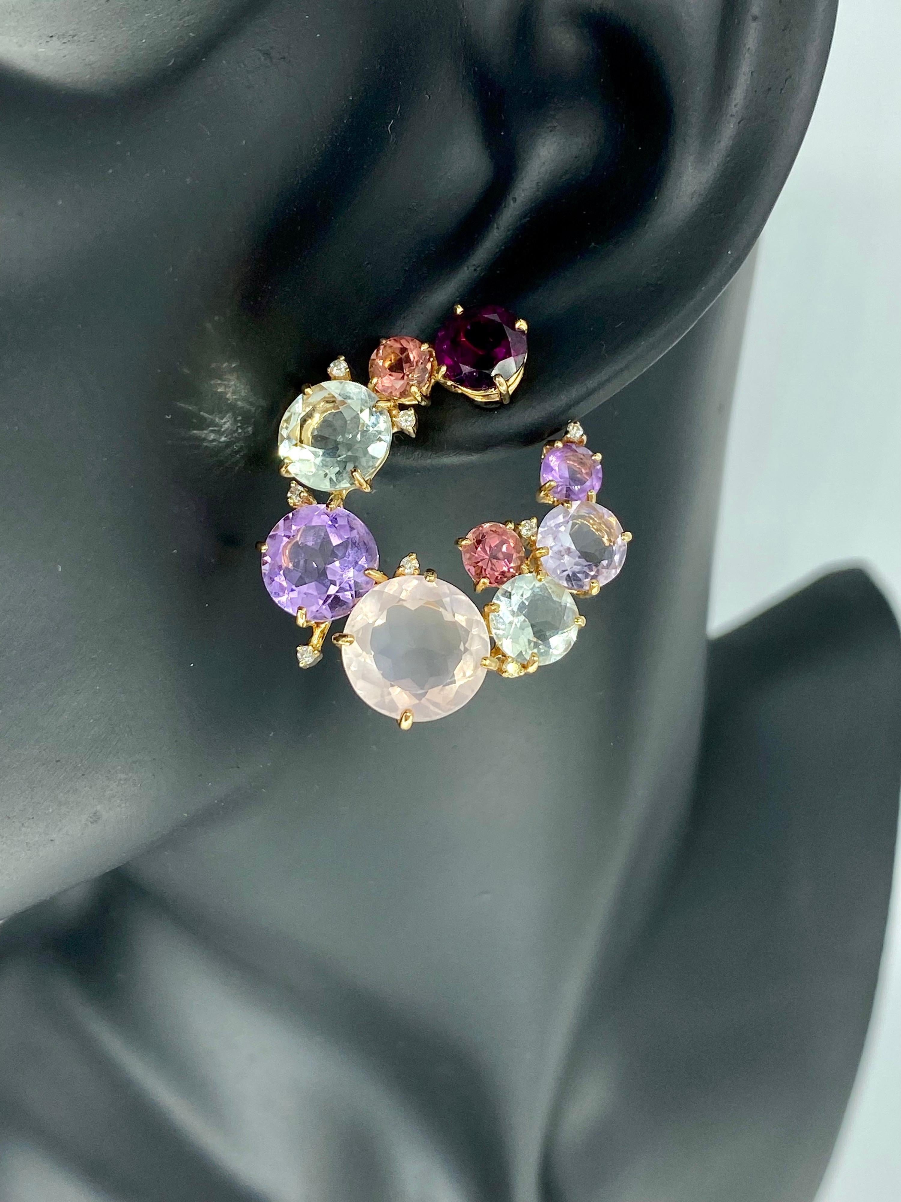 Designer RV 55 Carat Multi Gemstone & Diamonds Hoop Stud Earrings 18k Rose Gold In Excellent Condition For Sale In Miami, FL