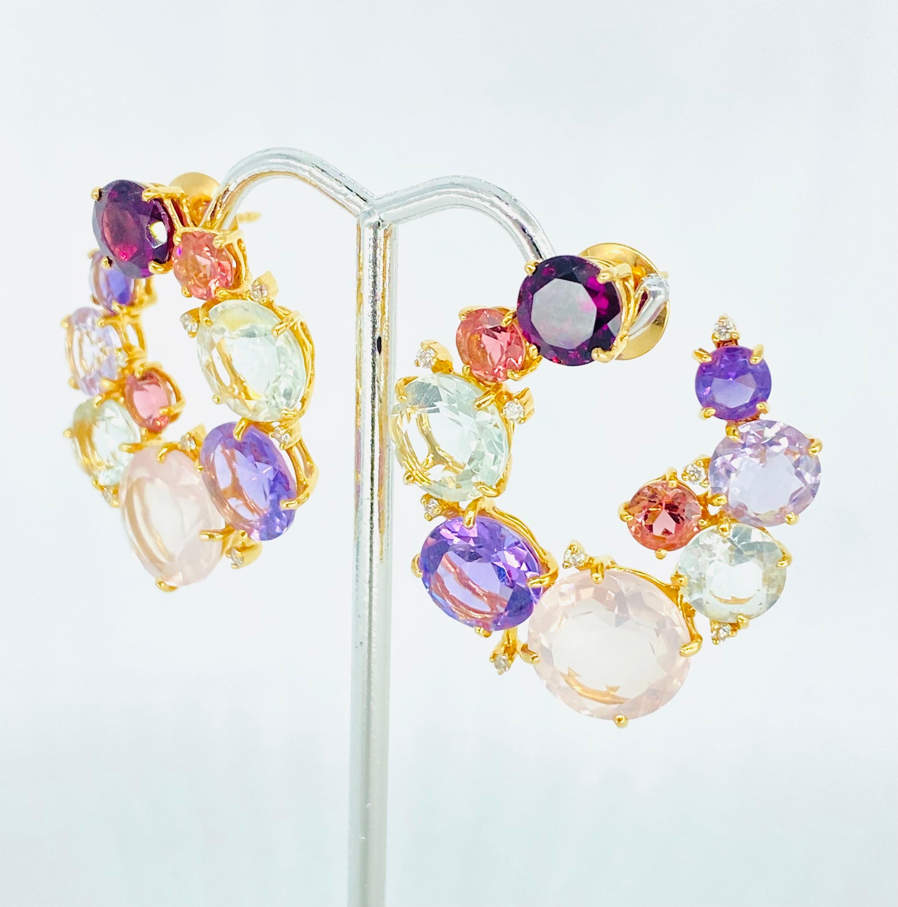 Designer RV 55 Carat Multi Gemstone & Diamonds Hoop Stud Earrings 18k Rose Gold For Sale 3