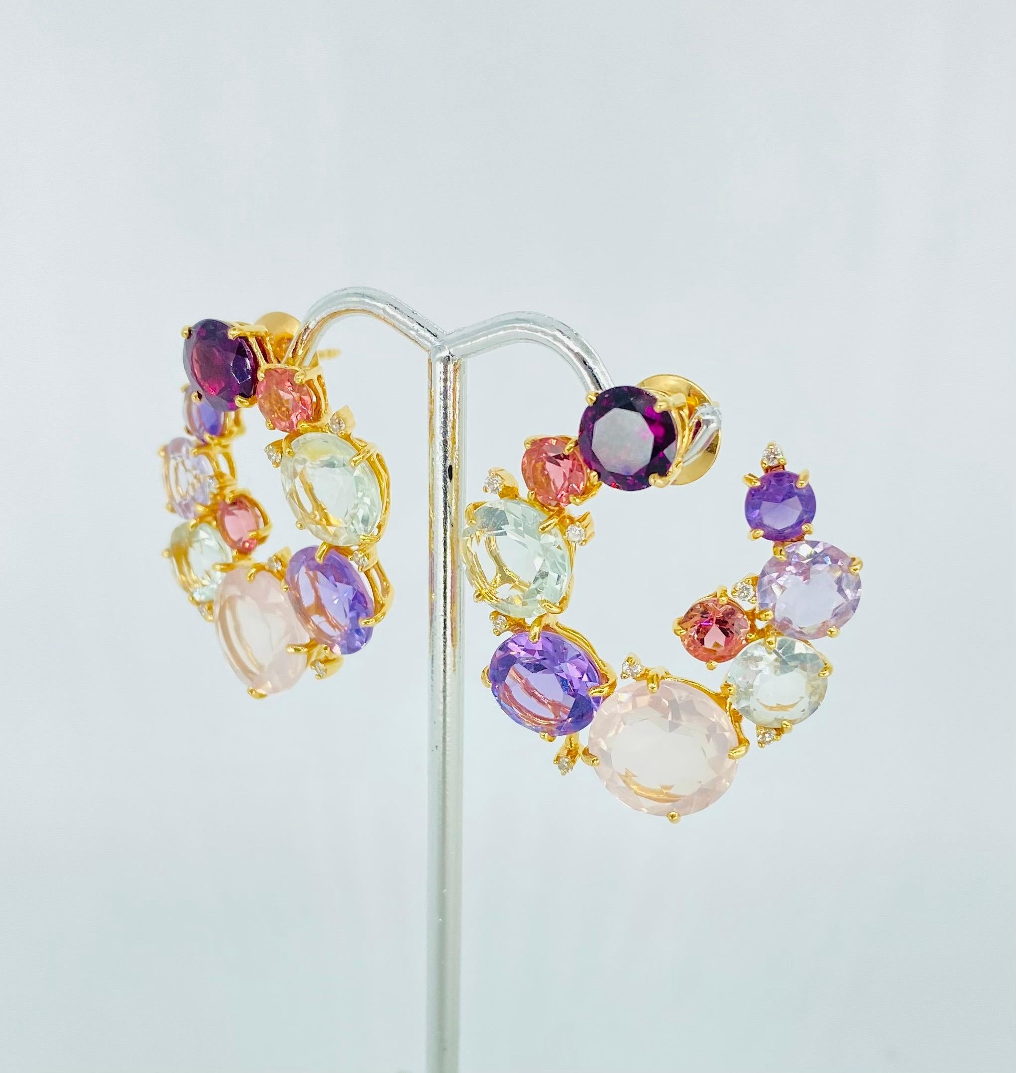Designer RV 55 Carat Multi Gemstone & Diamonds Hoop Stud Earrings 18k Rose Gold For Sale 5