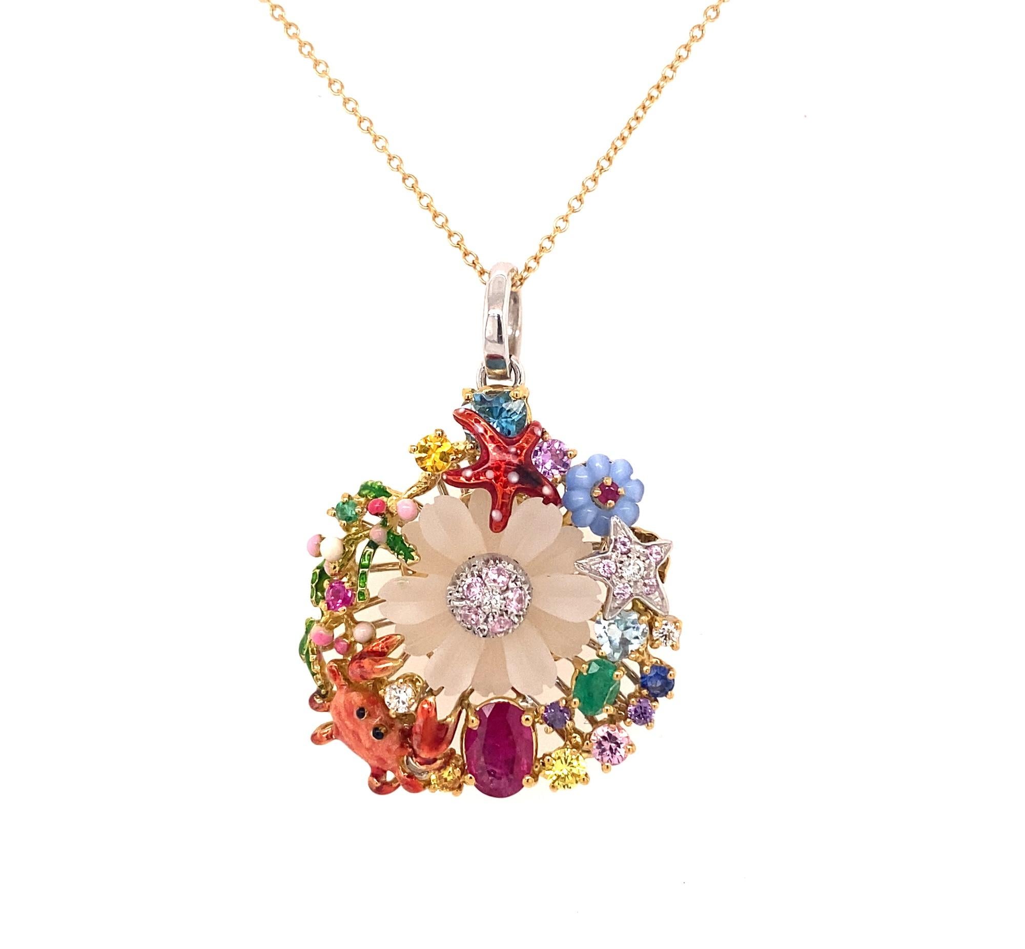 This is a beautiful Italian designer pendant by Santagostino.  The pendant is from the Caribbean reef collection.  The pendant has multi color gemstones with enamel crabs and starfish.  The multicolor gemstones consist of white & yellow diamonds,