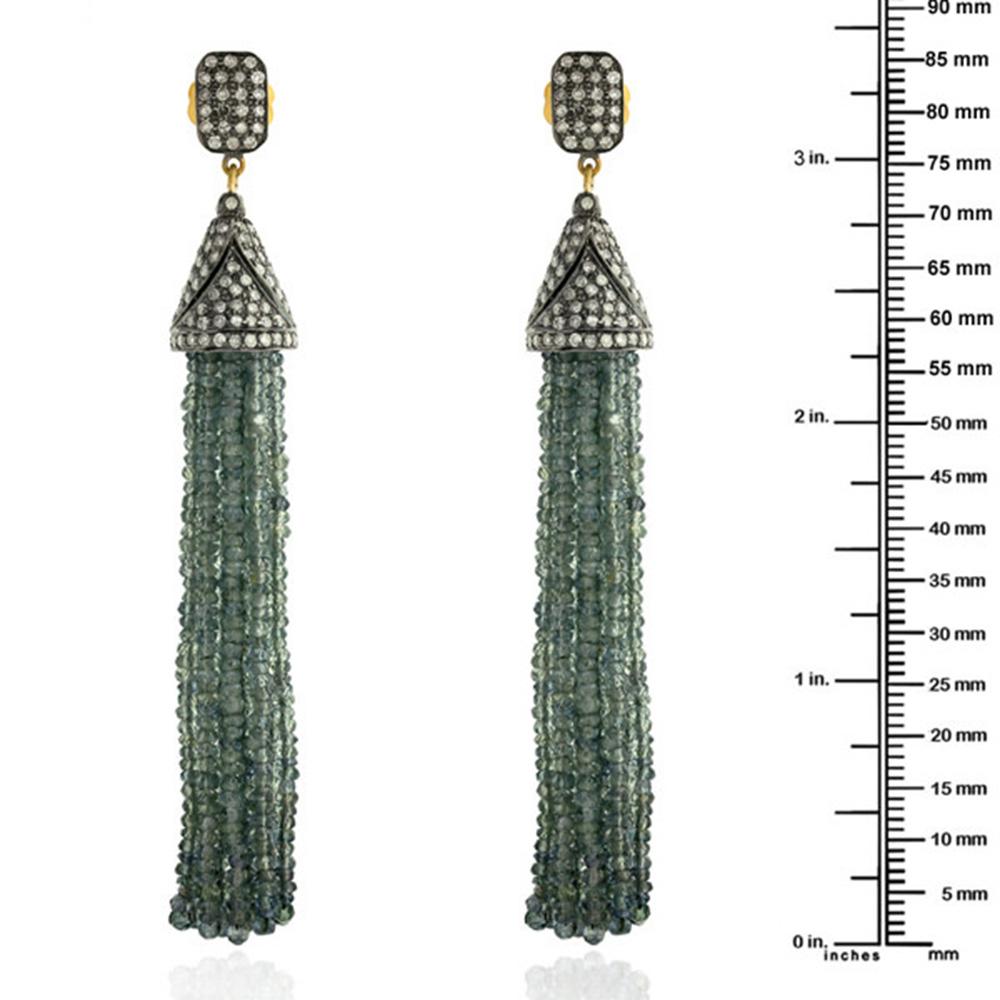 Mixed Cut Designer Sapphire and Diamond Tassel Earring in Gold and Silver For Sale