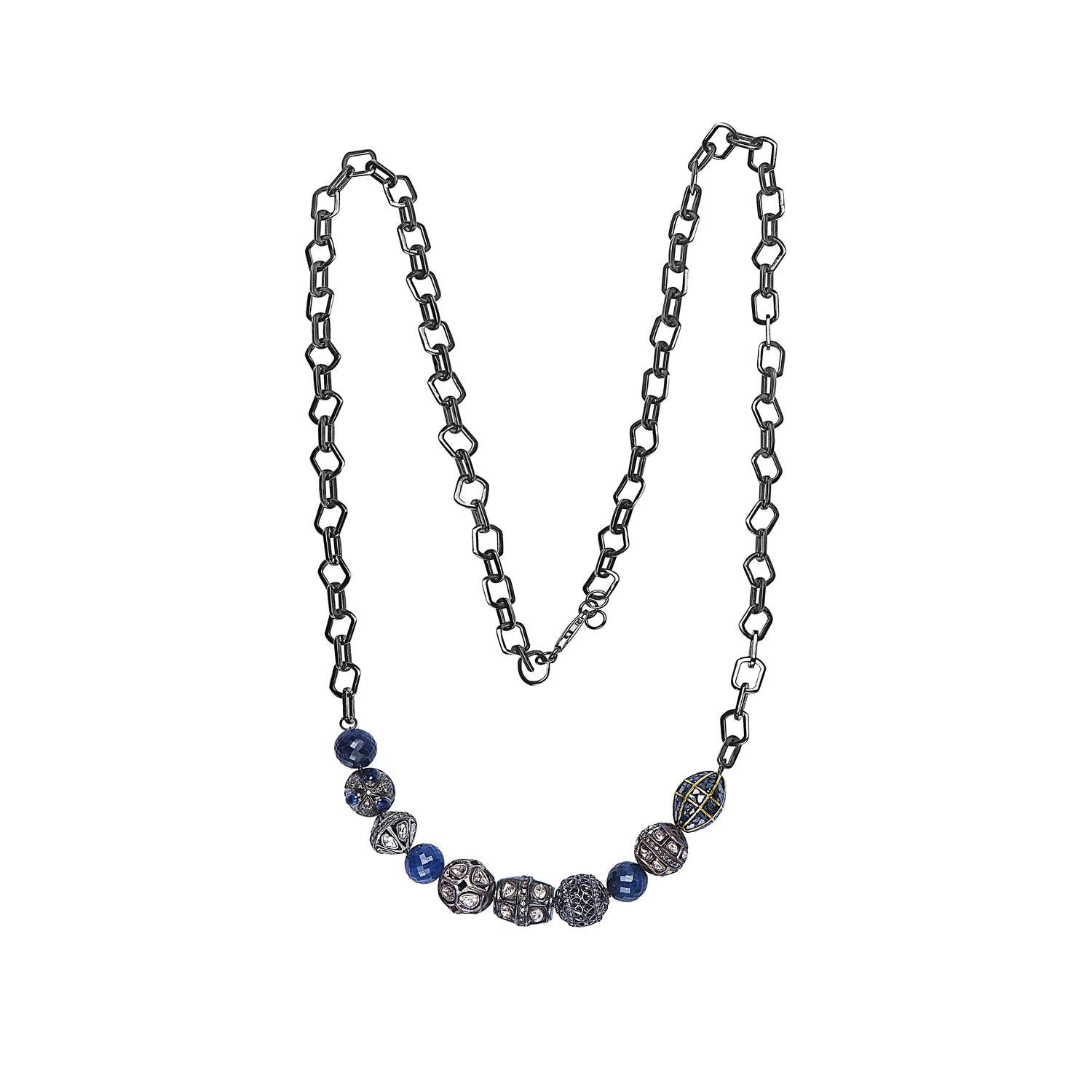 Designer Designer Perlenkette mit Gliederkette aus Saphiren, Silber und Diamanten (Moderne) im Angebot