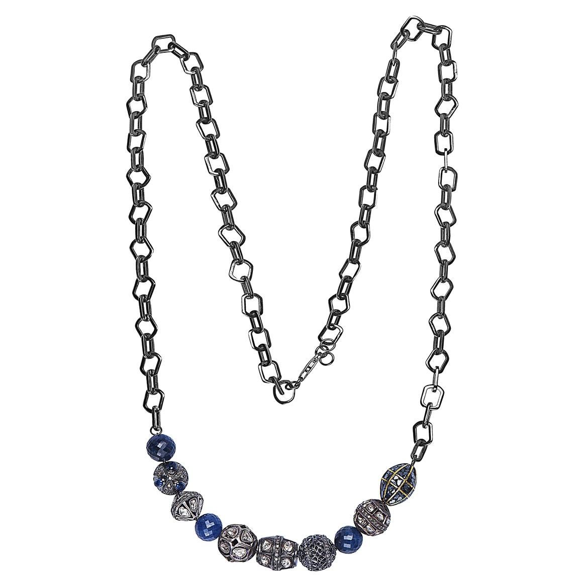 Designer Sapphire and Silver and Diamond Beaded Necklace with Link Chain For Sale