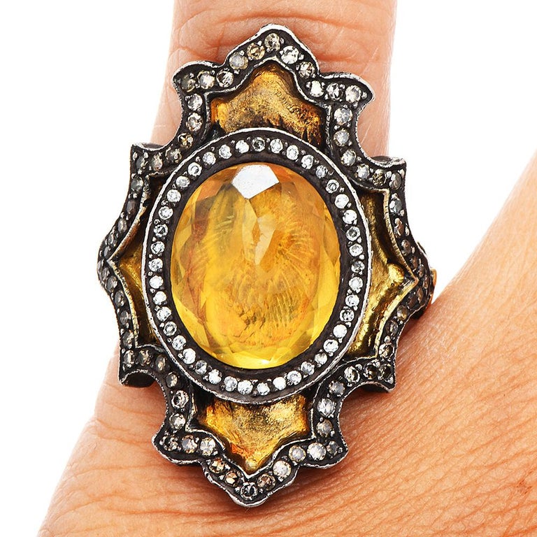 Women's or Men's Designer Savan Bicakci Diamond Citrine 24K Gold Silver Ring For Sale