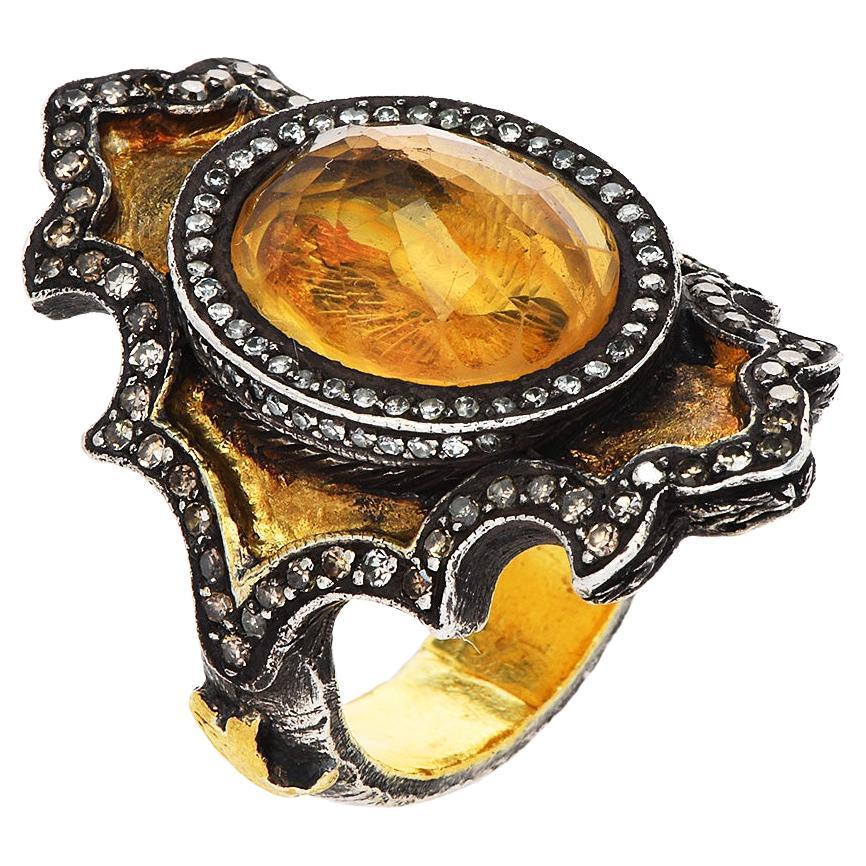 Designer Savan Bicakci Diamond Citrine 24K Gold Silver Ring