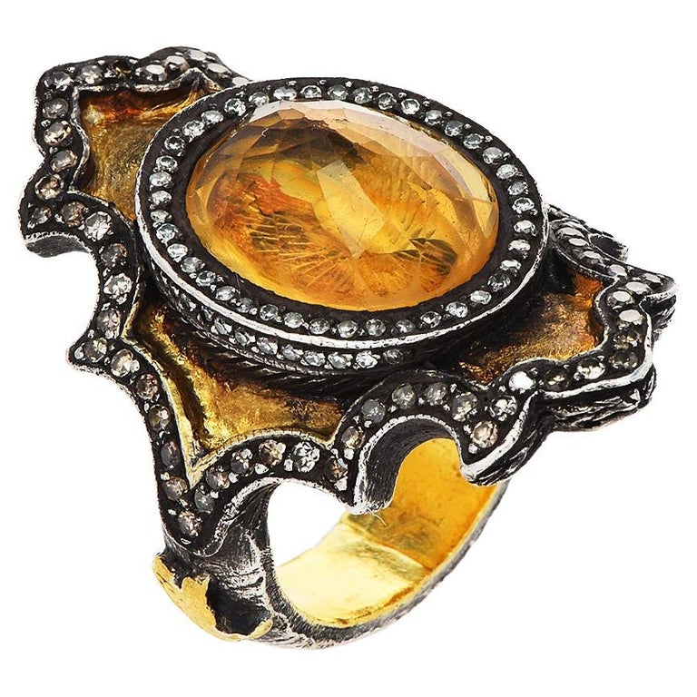 Designer Savan Bicakci Diamond Citrine 24K Gold Silver Ring For Sale