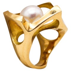 Bague cocktail sculpturale abstraite biomorphe abstraite de créateur en or 18 carats avec perle Akoya