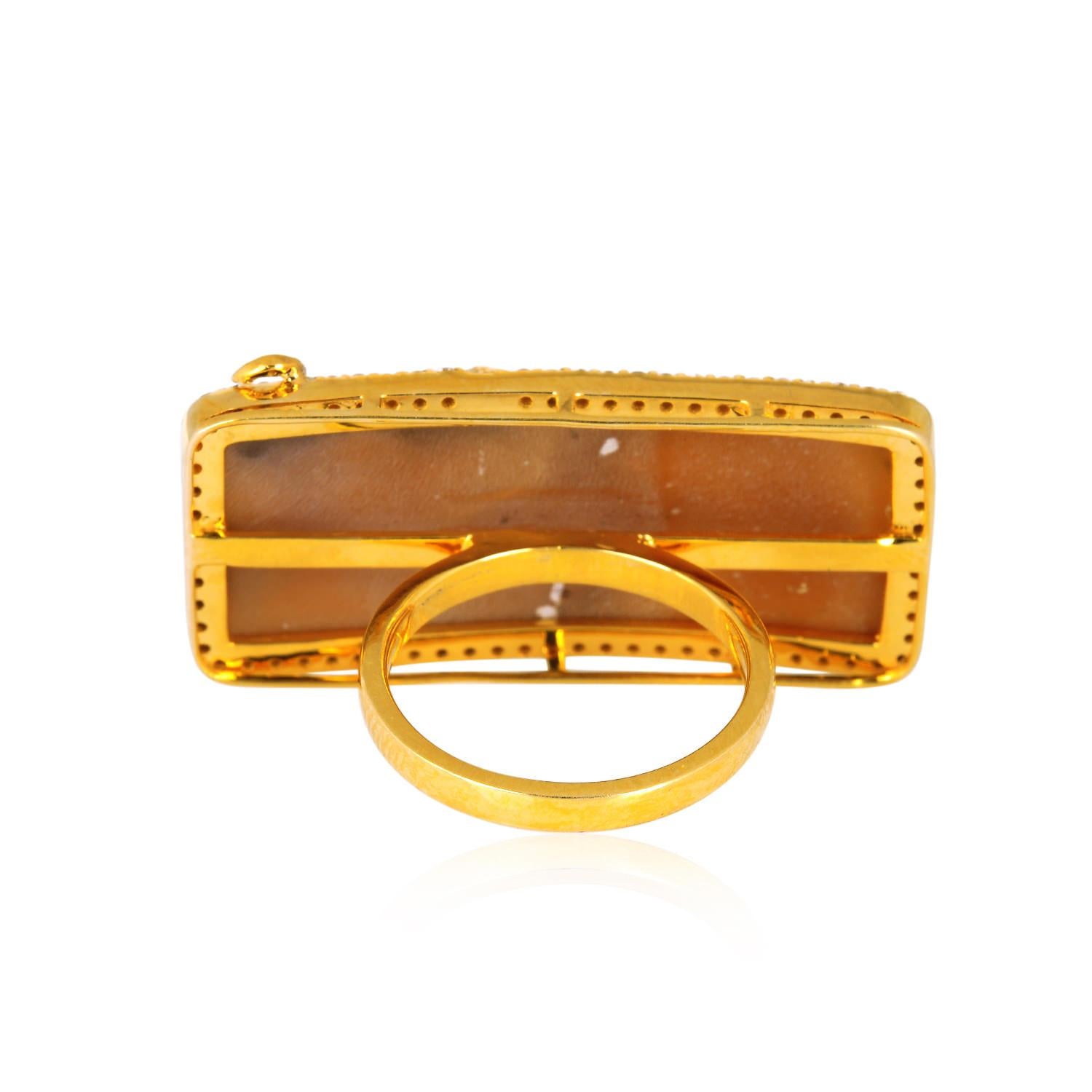 Modern Designer Shell Cameo Ring with Diamonds 18k Gold For Sale