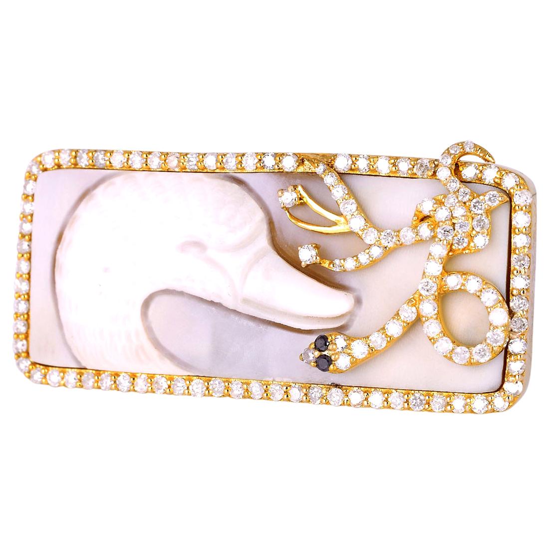 Designer Shell Cameo Ring with Diamonds 18k Gold For Sale