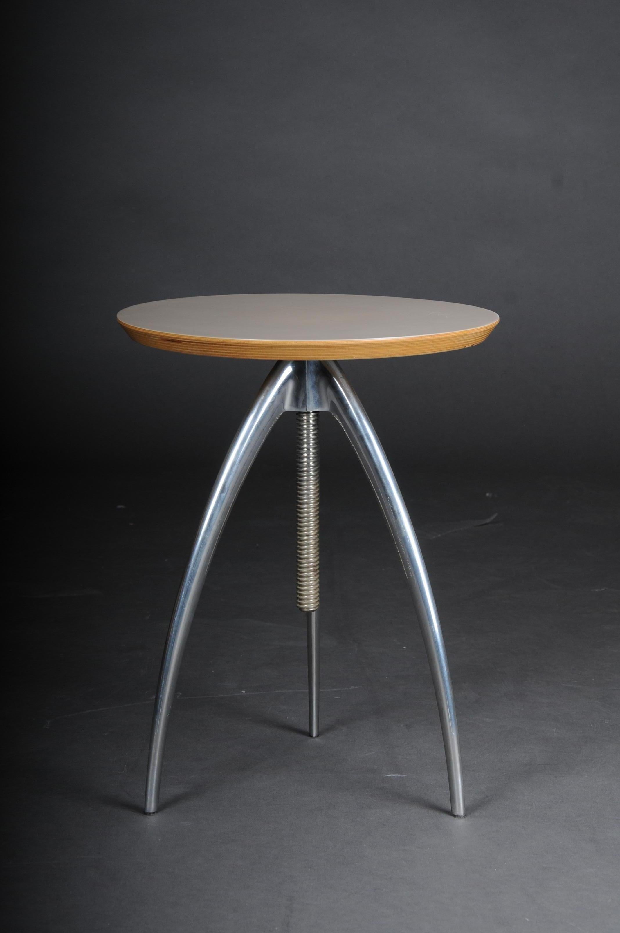 Designer side table / table Philippe Starck Driade Vicieuse Ubik Aleph.

Polished die-cast aluminum and maple plywood with melamine-formaldehyde laminate.
Philippe Starck Vicieuse side table for Driade Beautiful side table designed by Philippe