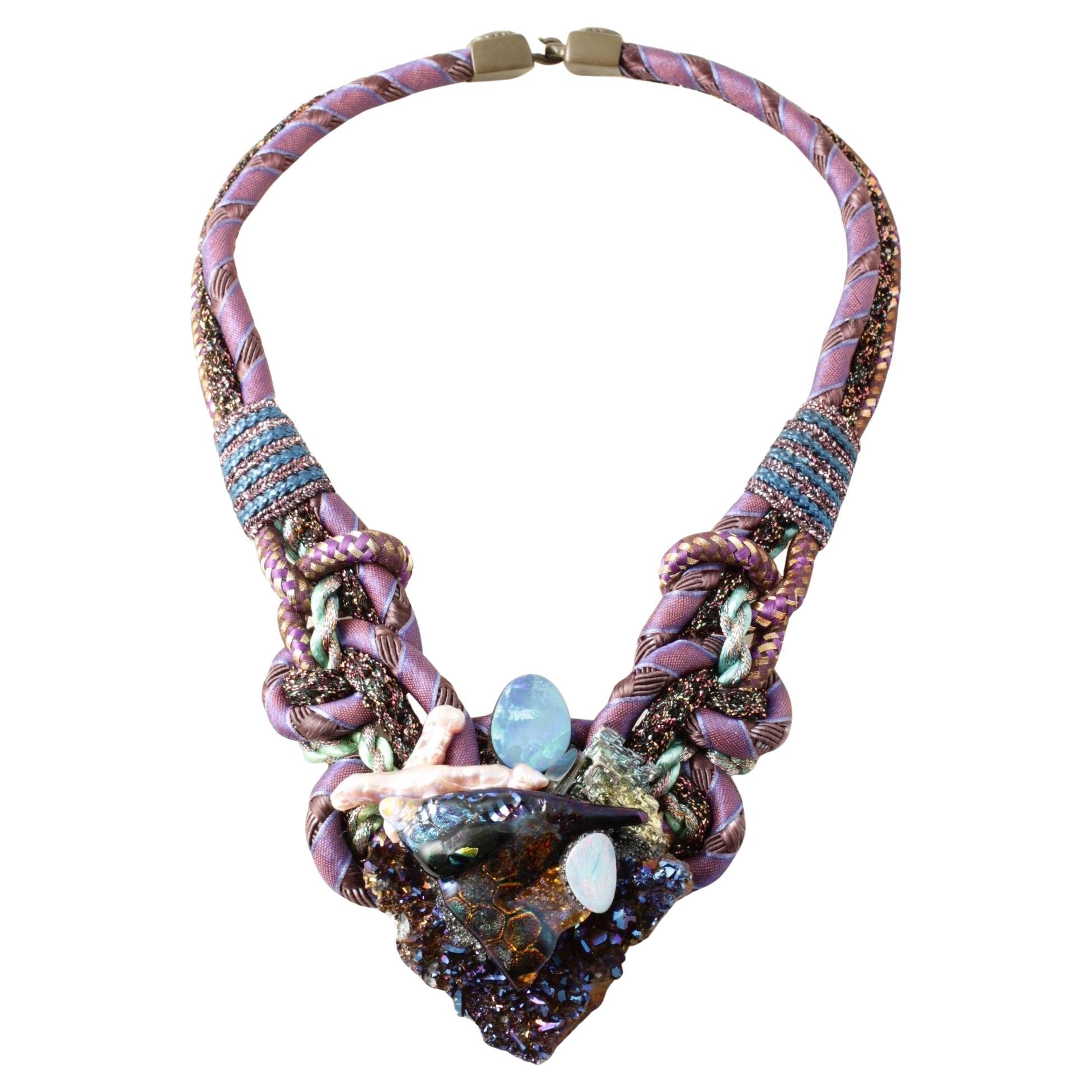 Designer Signature Alex & Lee Multi Gemstone and Cord Statement Bib Necklace 786 en venta