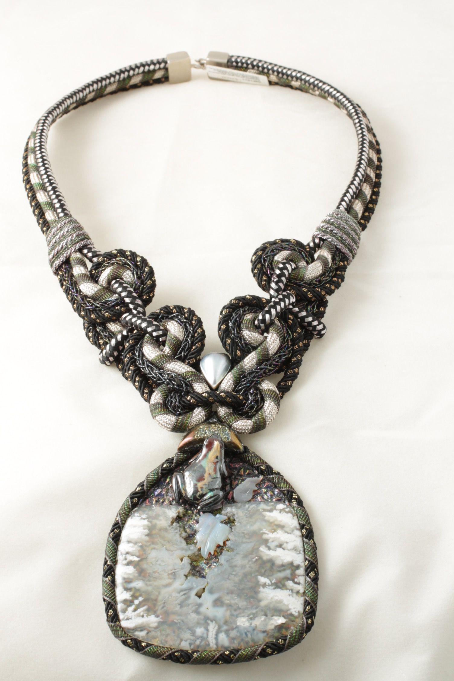 Designer Signature Alex & Lee Multi Gemstone and Cord Statement Bib Necklace Simply Beautiful! Designer Signature Alex & Lee Beautifully Hand-crafted Multi-Shape Botryoidal Plume Agate with backing, Carved Opals, Metal on Drusy, Tahitian Mabe Pearl,