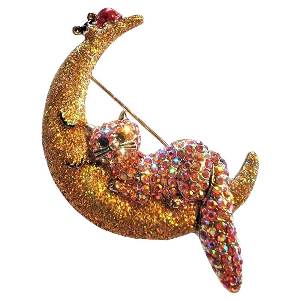 Designer Signed Butler and Wilson Crystal Crescent Moon Cat and Mouse Brooch Pin