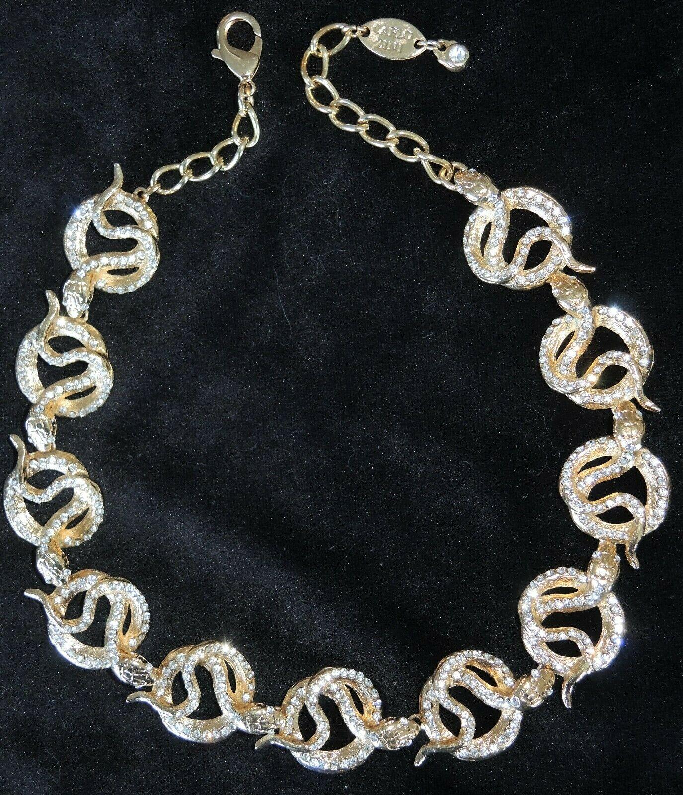 Modern Designer Signed Carlo Zini Sparkling Crystal Serpent Snake Link Necklace