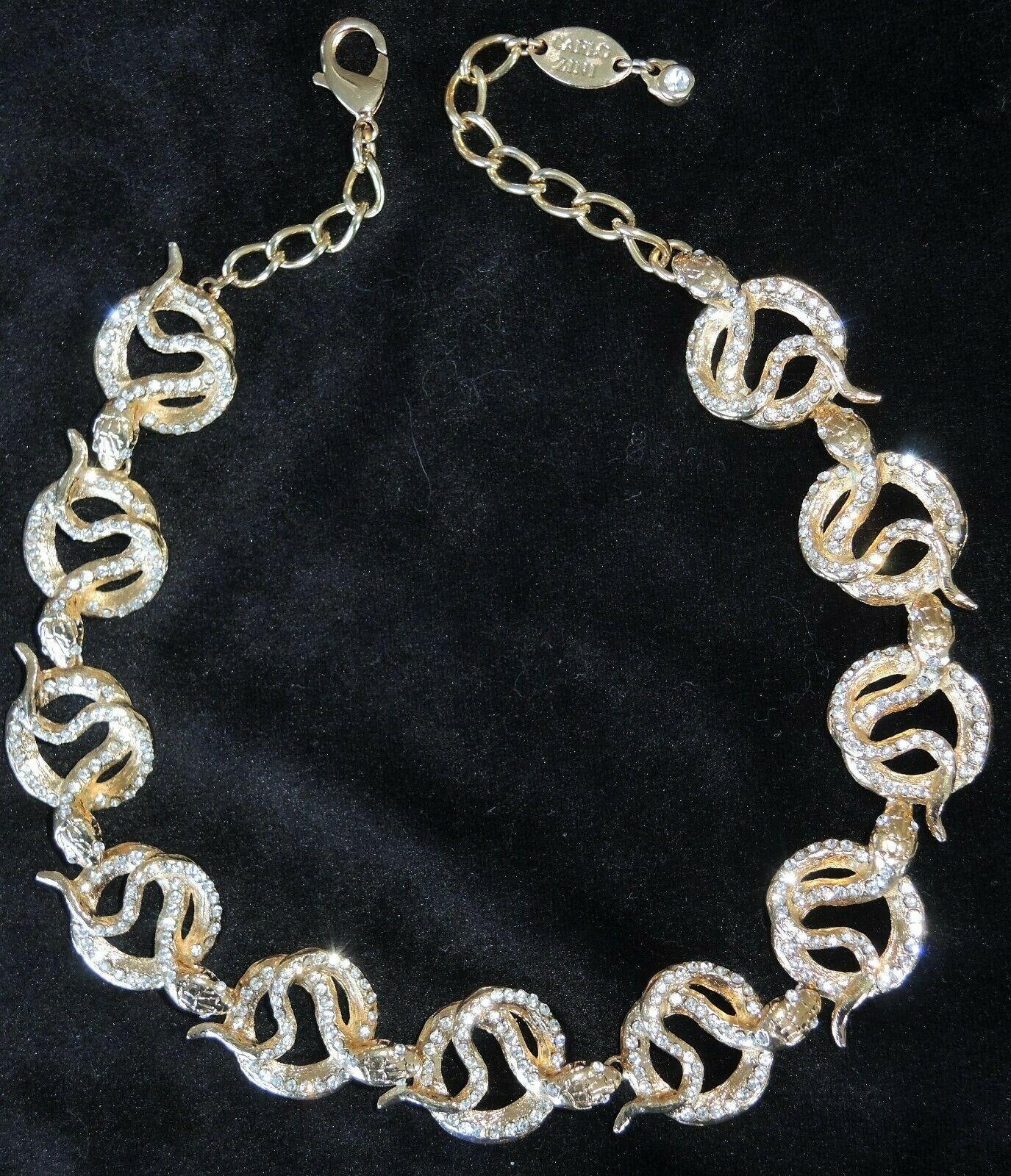 Modern Designer Signed Carlo Zini Sparkling Crystal Serpent Snake Link Necklace For Sale