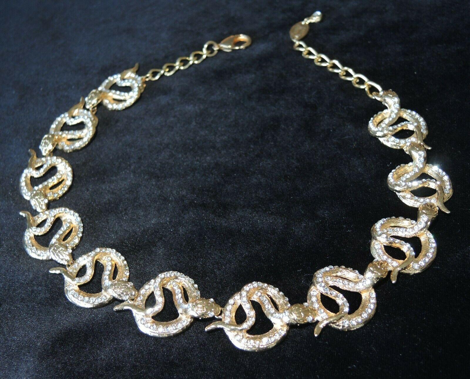 Round Cut Designer Signed Carlo Zini Sparkling Crystal Serpent Snake Link Necklace For Sale