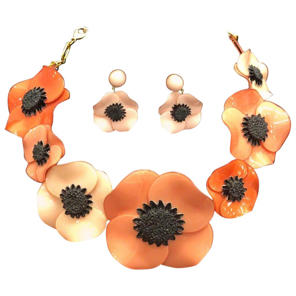 Designer Signed Ciléa Paris Pink Poppy Flower Necklace and Clip Earrings France