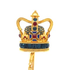 Designer Signed Dolce & Gabbana Ornate Crystal Golden Crown Jabot Pin