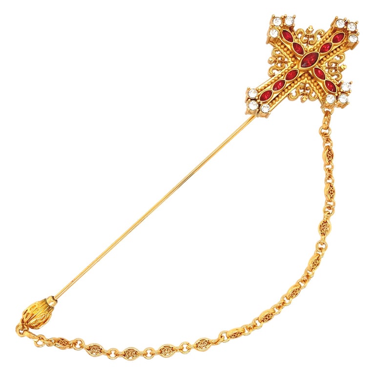 Designer Signed Dolce and Gabbana Ornate Ruby Crystal Golden Cross Jabot Pin For Sale at 1stDibs Designer Signed Dolce and Gabbana Ornate Ruby Crystal Golden Cross Jabot Pin For Sale at 1stDibs