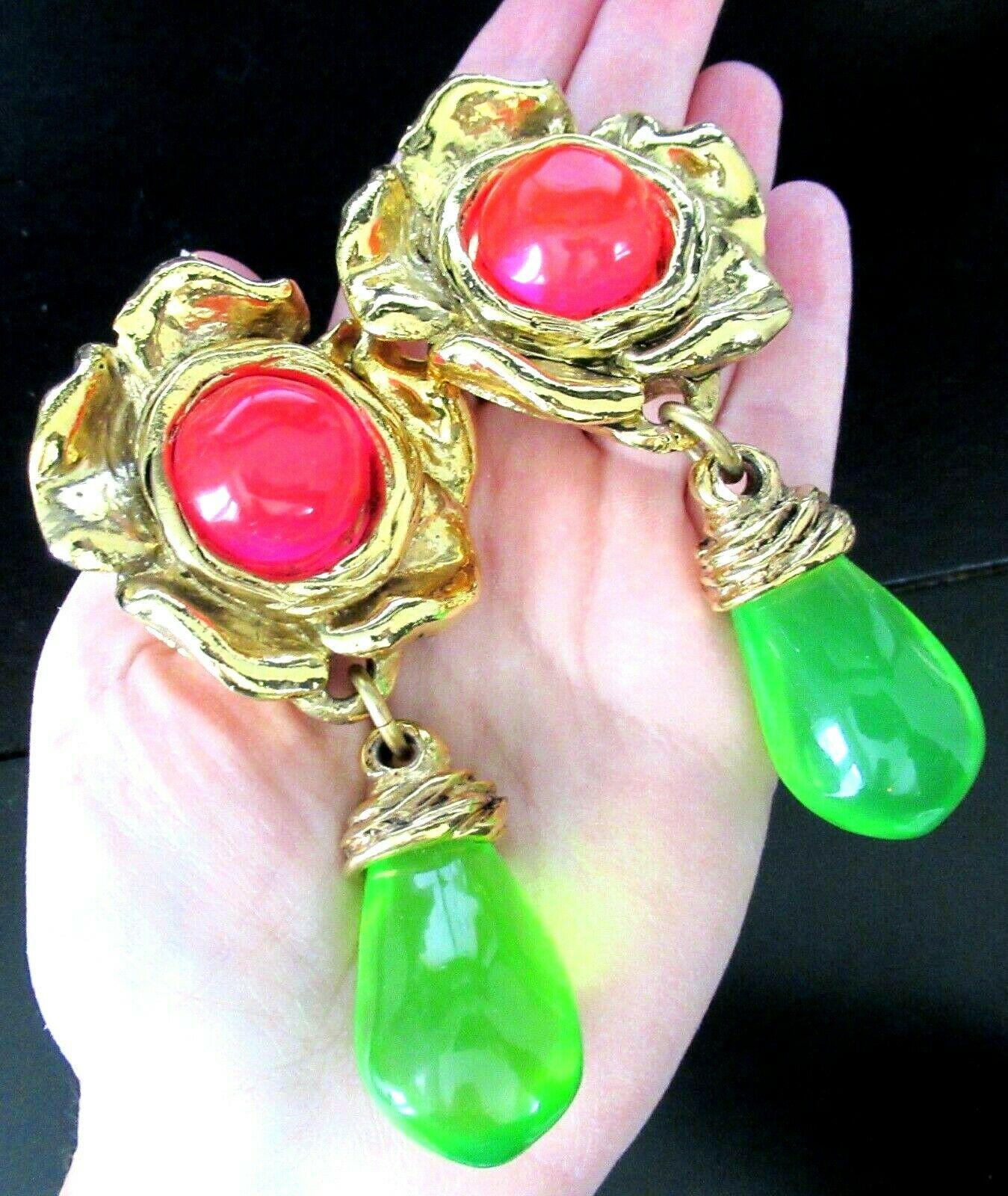 Fabulous Vintage Designer Signed EMANUEL UNGARO PARIS Gripoix Couture Pink and Green Poured Lucite Clip on Drop Earrings. Approx. 4