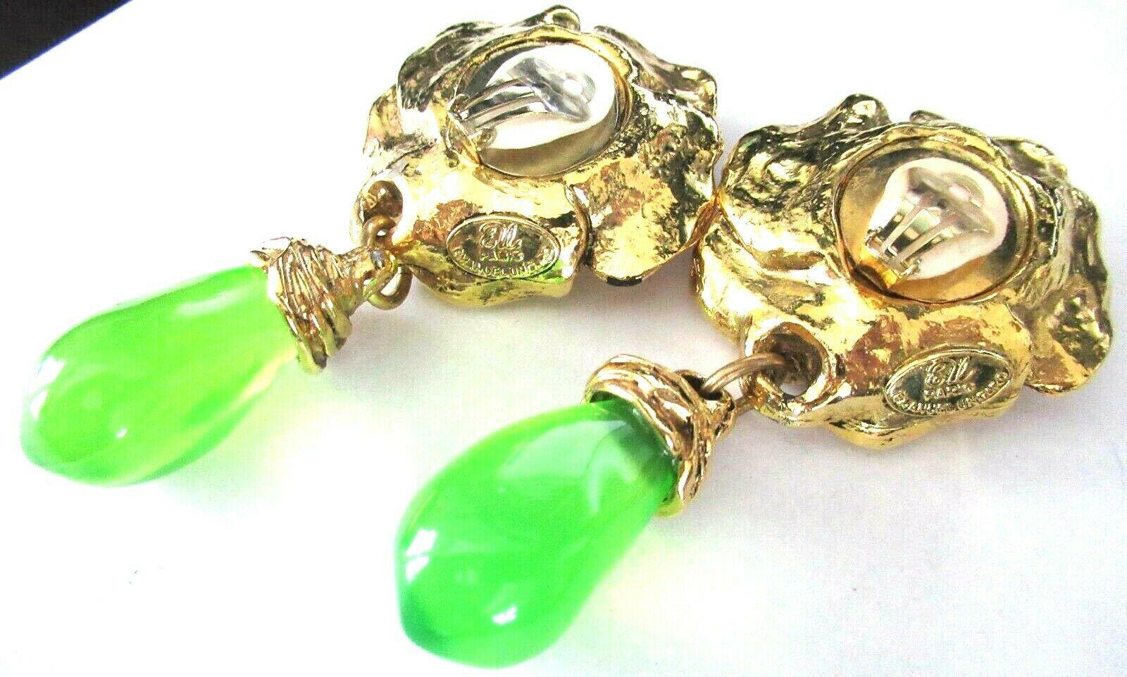 Modernist Designer Signed EMANUEL UNGARO PARIS Gripoix Pink and Green Lucite Clip Earrings