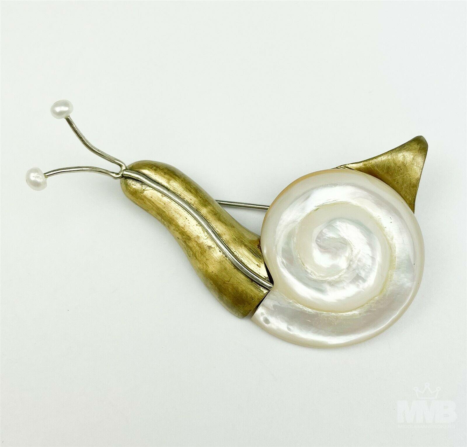 Modernist Designer Signed Fabrice Paris Mother Pearl Brass Snail Gold Tone Brooch Pin 