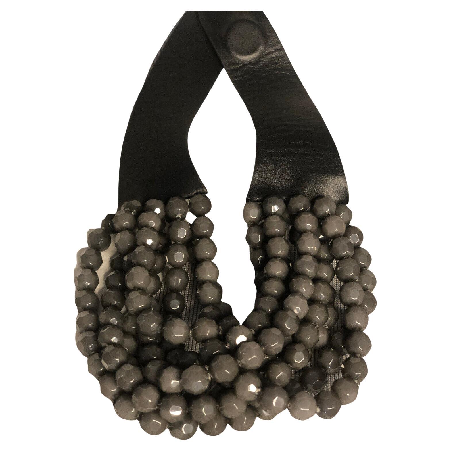 Designer Signed Fairchild Baldwin Leather Grey Beads Multi-Strand Necklace For Sale