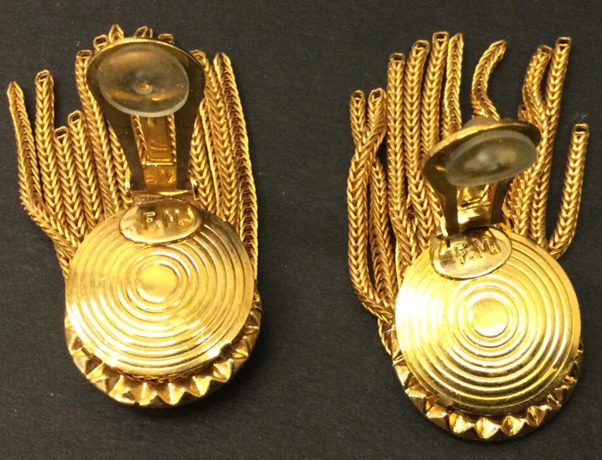 Modernist Designer Signed FRANCOISE MONTAGUE Golden Crystal Dangle Clip On Earrings