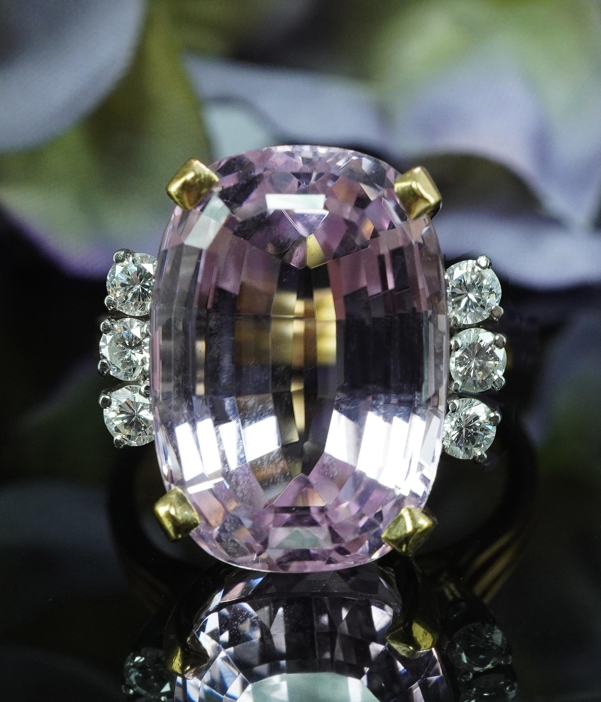 Designer Signed GEMco 18ct Cushion Kunzite Diamond Ring 18K Gold Vintage Estate For Sale 1