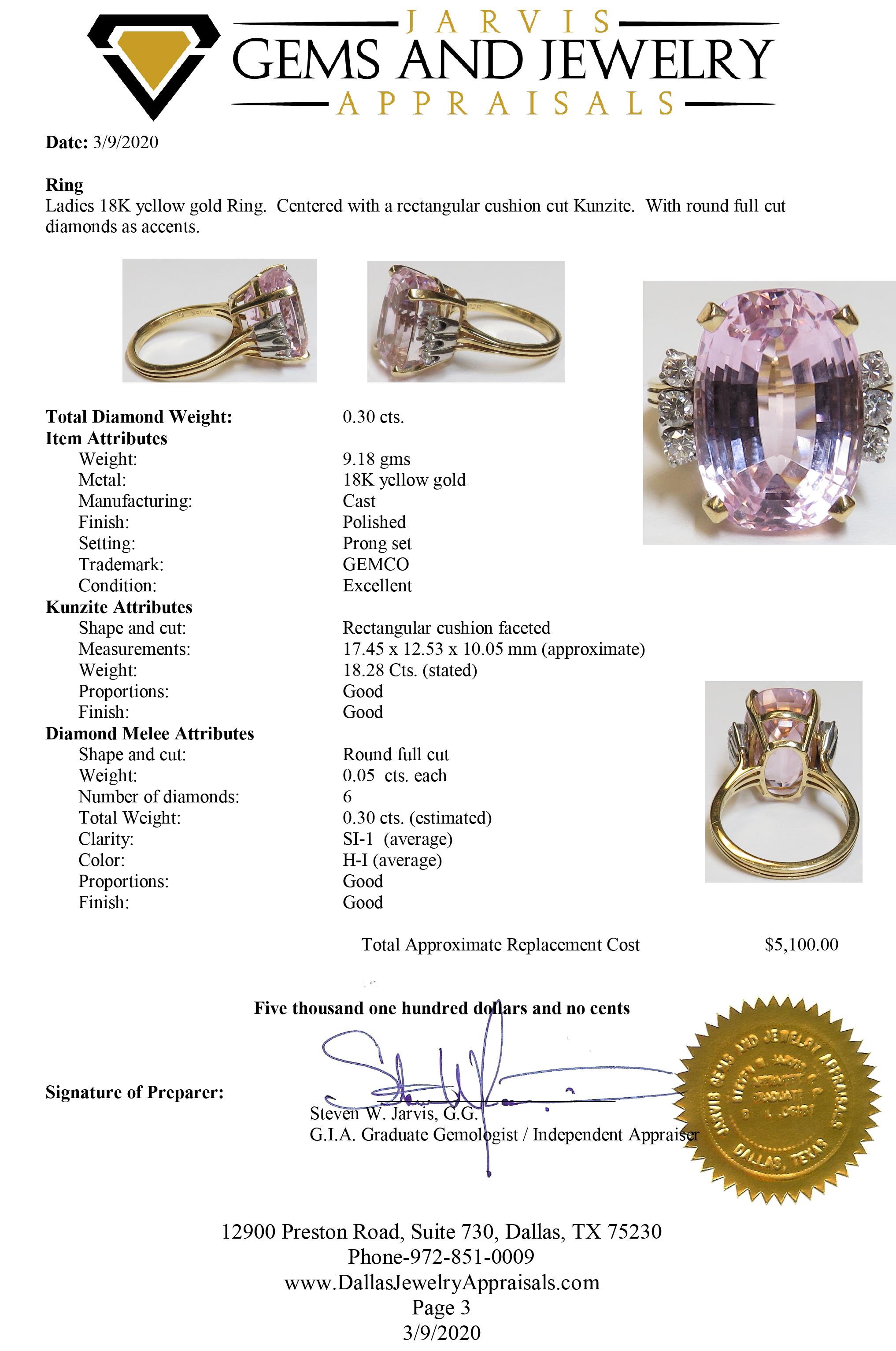 Designer Signed GEMco 18ct Cushion Kunzite Diamond Ring 18K Gold Vintage Estate For Sale 2