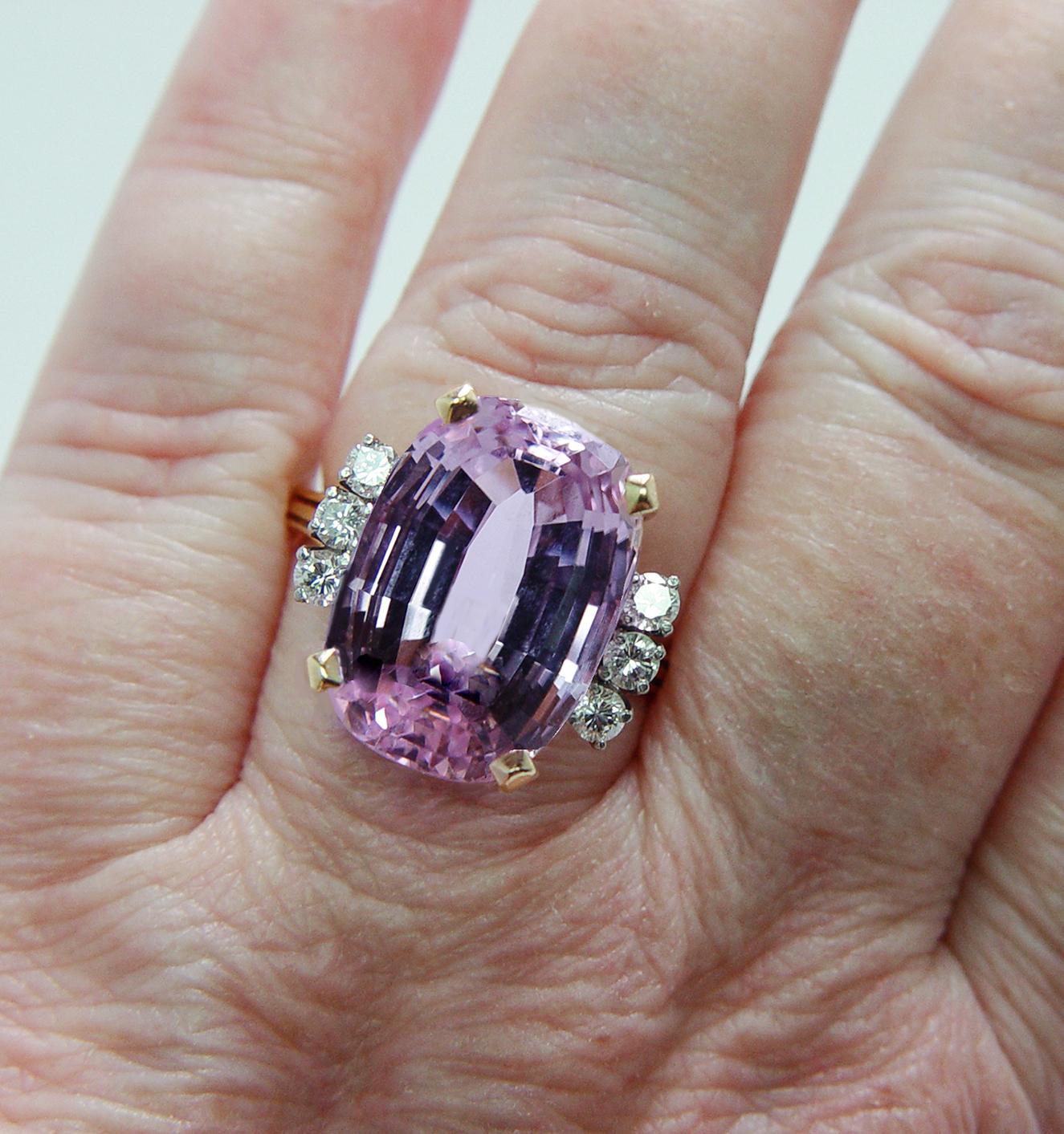 Designer Signed GEMco 18ct Cushion Kunzite Diamond Ring 18K Gold Vintage Estate For Sale 4