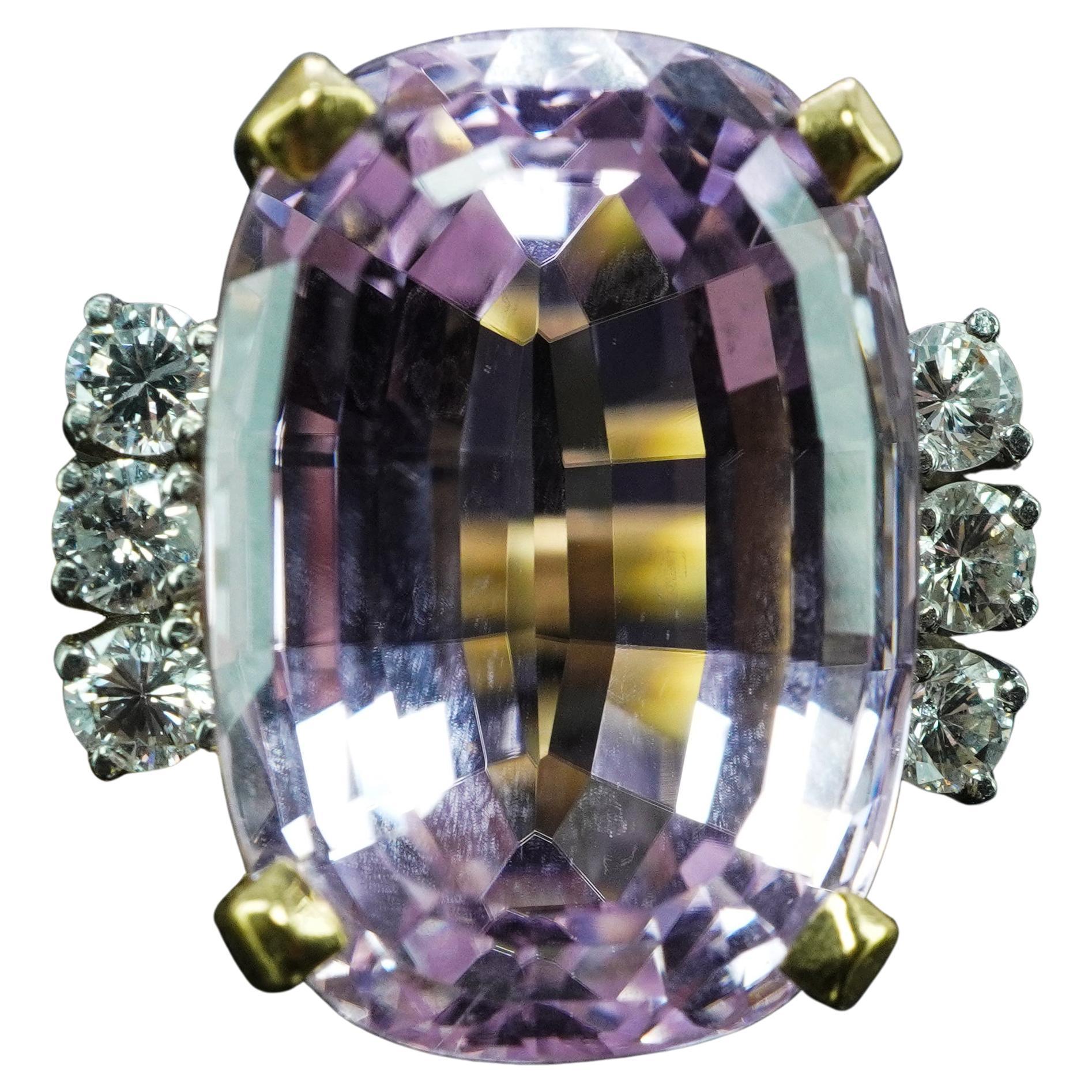 Designer Signed GEMco 18ct Cushion Kunzite Diamond Ring 18K Gold Vintage Estate For Sale