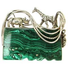 Designer Signed GFMW Malachite Giraffe Rhinoceros Sterling Silver Brooch Pin